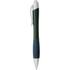 A green and navy blue pen with a white clip and a textured grip, featuring a branding logo.