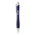 A metallic pen in blue and silver with a grip section and branding on the barrel.