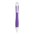 A purple and white metallic pen with a textured grip and a clip, featuring a logo.