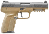 FN 3868929352 Five-seveN *CA Compliant 5.7x28mm 10+1 4.80" Black Steel Barrel, Black Serrated Steel Slide & Polymer Frame w/Picatinny Rail, FDE Textured Polymer Grip, Ambidextrous