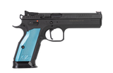 CZ-USA 91220 TS 2  9mm Luger 20+1 5.28" Blued Steel Barrel, Black Serrated Steel Slide, Black Polycoat Steel Frame w/Beavertail, Blue Checkered Aluminum Grip, Ambidextrous