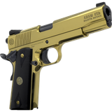 Dickinson LLC DKSN45GB Adam 1911 Golden 45 ACP 8+1 5" Black Barrel, Gold Cerakote Steel B Serrations Slide, Gold Steel Frame w/Beavertail, Black Textured Grip