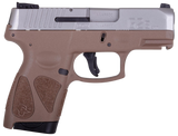 Taurus 1-G2S939B G2S  Compact Frame 9mm Luger 7+1 3.26" Matte Stainless Steel Barrel, Black Stainless Steel Serrated Slide, Brown Polymer Frame w/Accessory Rail, Black Polymer Grip