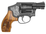 Smith & Wesson 150785 Model 442  38 S&W Spl +P 5 Shot 1.88" Engraved Black Carbon Steel Barrel/Cylinder, Engraved Black Aluminum J-Frame, Engraved Wood Grip, Mahogany Presentation Case