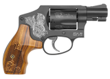Smith & Wesson 150785 Model 442  38 S&W Spl +P 5 Shot 1.88" Engraved Black Carbon Steel Barrel/Cylinder, Engraved Black Aluminum J-Frame, Engraved Wood Grip, Mahogany Presentation Case