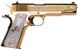 Cnc Firearms CNCELRANCH Colt 1911 El Ranchero 38 Super 7+1 5" Stainless Steel Barrel, 24K Gold Plated Serrated w/Engraved Scrollwork Slide, 24K Gold Plated Steel Frame, Mother of Pearl Grip