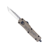 CobraTec Knives MWTPFS3TNS FS-3 We The People Medium 3" OTF Tanto Plain D2 Steel Blade Tan w/"We The People" Aluminum Cerakoted Handle Features Glass Breaker Includes Pocket Clip