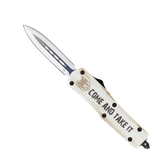 CobraTec Knives MCATIFS3DAGNS FS-3 Come And Take It Medium 3" OTF Dagger Plain D2 Steel Blade White w/"Come And Take It" Aluminum Cerakoted Handle Features Glass Breaker Includes Pocket Clip