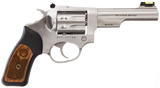 Ruger 5765 SP101  22 LR 8rd 4.20" Satin Stainless Steel Barrel, Cylinder & Frame, Black Rubber w/Wood Insert Grip, Transfer Bar Safety, Exposed Hammer