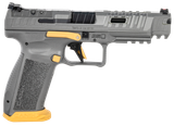 Canik HG6610TN SFx Rival Full Size 9mm Luger 18+1, 5" Black Steel Barrel, Rival Gray Ported/Serrated Slide, Rival Gray w/Gold Accents Polymer Frame w/Beavertail & Picatinny Rail, Ambidextrous