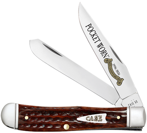 Case 55230 Pocket Worn Trapper Folding Clip Point/Spey Plain Mirror Polished Tru-Sharp SS Blade, Corn Cob Jigged Mahogany Bone Handle