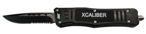 Xcaliber Knife Company  380 ACP  Medium 3.25" OTF Part Serrated Black 440C SS Blade, 4.64" Steel Handle