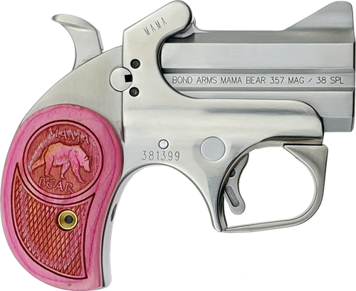 Bond Arms BAMB Mama Bear  357 Mag/38 Special 2rd 2.50" Stainless Steel Double Barrel & Frame, Auto Extractors & Rebounding Hammer, Blade Front/Fixed Rear Sights, Pink Wood Grip, Manual Safety