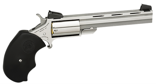 North American Arms MMTL Mini-Master *CA Compliant 22 LR 5 Shot 4" Stainless Steel Vent Rib Barrel, Stainless Steel Frame, Stainless Cylinder, Black Finger Grooved Rubber Grip, Exposed Hammer