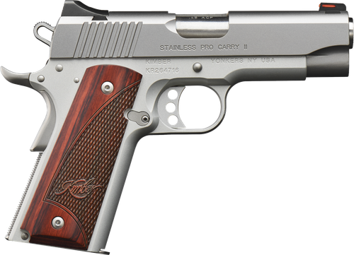 Kimber Mfg, Inc 3200324 Pro Carry II  45 ACP 7+1 4" Match Grade  Stainless Steel Barrel, Satin Silver Serrated Stainless Steel Slide, Satin Silver Aluminum Frame w/Beavertail, Rosewood Grip