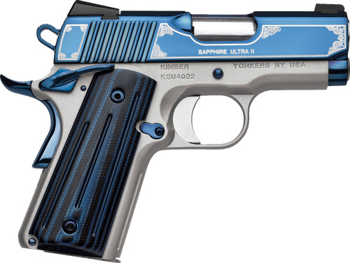 Kimber Mfg, Inc 3200362 Ultra II  45 ACP 7+1 3" Stainless Match Grade Barrel, Engraved Sapphire Blue PVD Serrated Stainless Steel Slide, Satin Silver Aluminum Frame w/Beavertail, G10 Grip