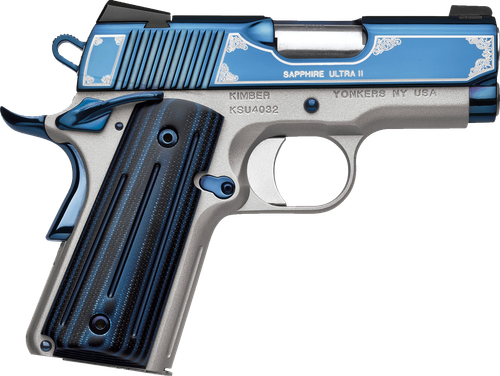 Kimber Mfg, Inc 3200362 Ultra II  45 ACP 7+1 3" Stainless Match Grade Barrel, Engraved Sapphire Blue PVD Serrated Stainless Steel Slide, Satin Silver Aluminum Frame w/Beavertail, G10 Grip