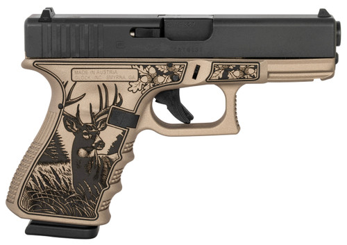 Glock PI1950204TRPHYBUCK G19 Gen3 Compact Frame 9mm Luger 15+1 4.02" Black Steel Barrel, Black Cerakote Serrated Steel Slide, Trophy Buck Cerakote Polymer Frame w/Picatinny Rail, Textured Polymer Grip