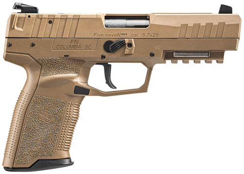 FN 66101277 Five-seveN MRD 5.7x28mm 10+1 4.80" Black Steel Barrel, Flat Dark Earth Optic Cut/Serrated Steel Slide & Polymer Frame w/Picatinny Rail, FDE Textured Polymer Grip, Ambidextrous