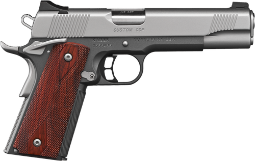Kimber Mfg, Inc 3000234 CDP Custom 45 ACP 7+1 5" Stainless Match Grade Barrel, Kimpro II Silver Serrated Stainless Steel Slide, Kimpro II Gray Aluminum Frame w/Beavertail, Rosewood Grip