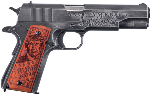 Auto-Ordnance 1911BKOC12 1911 Trump Save America 45 ACP  5" Barrel 7+1, Distressed Armor Black Cerakote, Carbon Steel Beavertail Frame, Serrated Engraved Slide, Custom Engraved Goncalo Wood Grip
