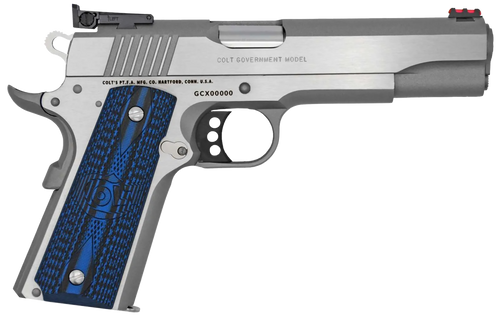 Colt Mfg O5073GCL Gold Cup Lite  38 Super 8+1 5" Stainless National Match Barrel, Stainless Steel Serrated Slide, Stainless Steel Frame w/Beavertail, Blue Scalloped G10 Grip, Ambidextrous