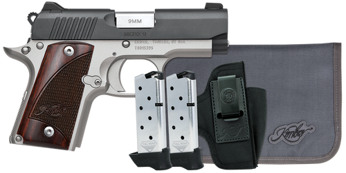Kimber Mfg.,inc 3300251 Micro 9 RTC Bundle Micro Frame 9mm 7+1 3.15" Stainless Ramped Barrel, KimPro II Black Serrated Slide, Kimpro II Silver Aluminum Frame w/Beavertail, Rosewood Grip