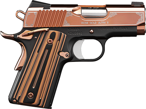 Kimber Mfg, Inc 3200372 Ultra II  9mm Luger 8+1 3" Stainless Match Grade Barrel, Engraved Rose Gold PVD Serrated Stainless Steel Slide, Kimpro II Black Aluminum Frame w/Beavertail, G10 Grip