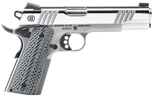 Bersa B19117050PMBG B1911 Mirror Full Size Frame 45 ACP 8+1 5" Stainless Steel Barrel, Polished Stainless Serrated Steel Slide, Stainless Steel Frame w/Beavertail, Gray VZ Grip, Ambidextrous