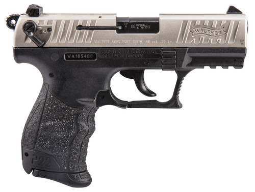 Walther Arms 5120336 P22 *CA Compliant 22 LR 10+1 3.42" Nickel Serrated/Steel Slide, Black Polymer Frame w/Picatinny Rail, Black Interchangeable Backstrap Grips