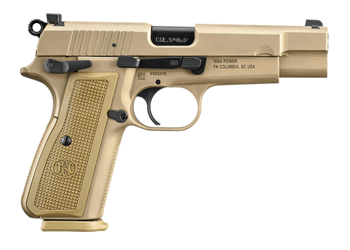 FN 66101069 High Power  9mm Luger 17+1, 4.70" Black Target Crown Steel Barrel, Flat Dark Earth PVD Serrated Steel Slide & Steel Frame w/Beavertail, FDE Textured Polymer Grip, Ambidextrous