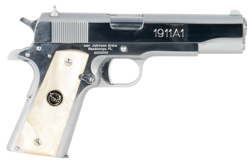 Iver Johnson Arms 1911A138CHRWP   38 Super 8+1 5" Stainless Steel Barrel, Bright Polish Chrome Serrated Stainless Steel Slide, Pearl Grips