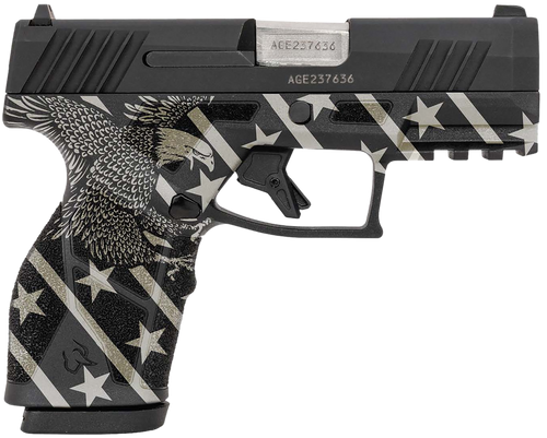Taurus 1-GX2931-EN1 GX2  Compact Frame 9mm Luger 13+1 3.38" Stainless Steel Barrel, Matte Black Serrated Alloy Steel Slide, Black w/Eagle, Stars & Stripes Polymer Frame w/Accessory Rail
