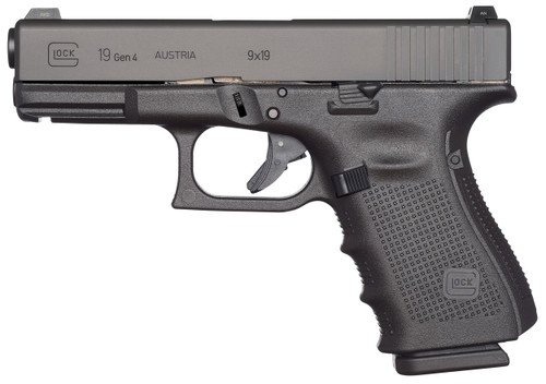 Glock UG1950203 G19 Gen4 Compact 9mm Luger 4.02" 15+1 Overall Black Finish with Steel Slide, Finger Grooved Rough Texture Interchangeable Backstraps Grip & Fixed Sights (US Made)