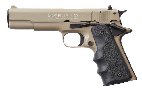 Chiappa Firearms 401120 1911-22  22 LR 10+1, 5" Black Steel Barrel, Tan Serrated Slide, Tan Aluminum Frame w/Beavertail, Black Hogue Rubber Finger Grooved Grip, Manual Thumb Safety, Right Hand
