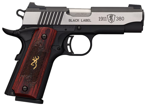 Browning 051913492 1911-380 Black Label Medallion Pro Compact 380 ACP 8+1, 3.63" Target Crown Steel Barrel, Blackened w/Silver Polished Flats Serrated SS Slide, Matte Black Polymer Frame w/Beavertail