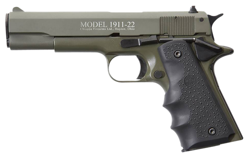 Chiappa Firearms 401121 1911-22  22 LR 10+1 5" OD Green Serrated Steel Slide & Beavertail Frame, Black Hogue Rubber w/Finger Grooves Grip