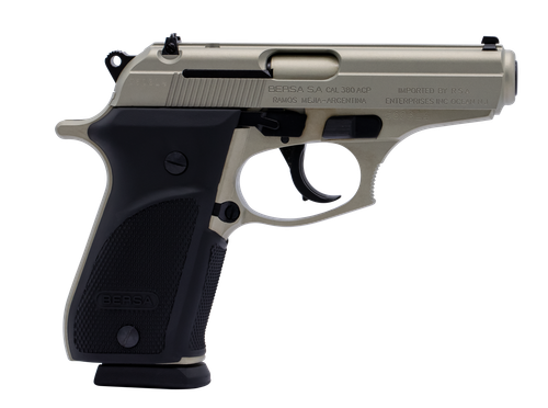 Bersa THUN380PNKL15 Thunder Plus Sub-Compact Frame 380 ACP 15+1, 3.50" Nickel Steel Barrel, Nickel Cerakote Serrated Steel Slide, Nickel Cerakote Aluminum Frame w/Beavertail, Black Rubber Grip