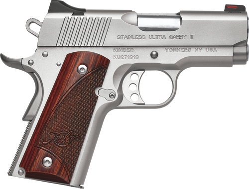 Kimber Mfg, Inc 3200330 Ultra Carry II  45 ACP 7+1 3" Stainless Match Grade Barrel, Satin Silver Serrated Stainless Steel Slide, Satin Silver Aluminum Frame w/Beavertail, Rosewood Grip