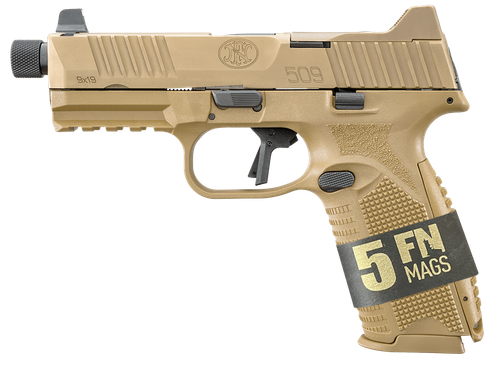 FN 66101652 509 Tactical Bundle 9mm Luger 10+1 4.50" Black Steel Threaded Barrel, Flat Dark Earth Optic Ready/Serrated SS Slide & Polymer Frame w/Picatinny Rail,  Ambidextrous, 5 Magazines