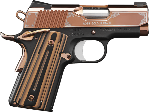 Kimber Mfg, Inc 3200373 Ultra II  45 ACP 7+1 3" Stainless Match Grade Barrel, Engraved Rose Gold PVD Serrated Stainless Steel Slide, Kimpro II Black Aluminum Frame w/Beavertail, G10 Grip