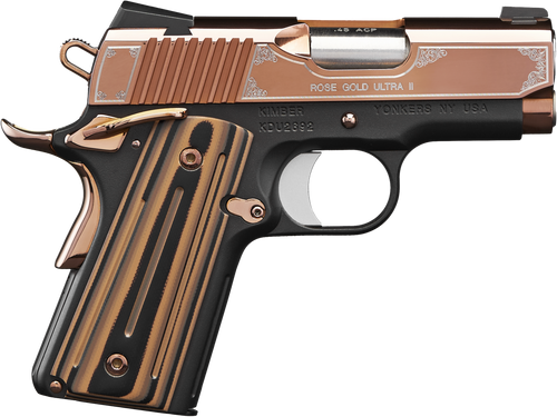Kimber Mfg, Inc 3200373 Ultra II  45 ACP 7+1 3" Stainless Match Grade Barrel, Engraved Rose Gold PVD Serrated Stainless Steel Slide, Kimpro II Black Aluminum Frame w/Beavertail, G10 Grip