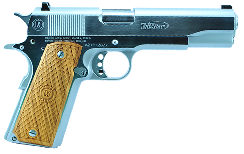 TriStar 85605 American Classic Government 1911 9mm Luger 10+1 5" Stainless Steel Barrel, Chrome Serrated Steel Slide, Chrome Steel Frame w/Beavertail, Wood Grip