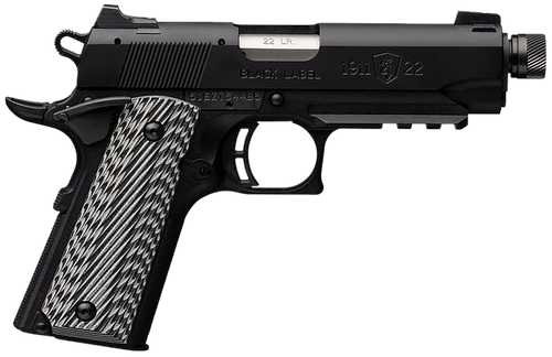 Browning 051821490 1911-22 Black Label Compact SR 22 LR 10+1 4.25" 3.50" Threaded Barrel, Matte Black Serrated Steel Slide & Polymer Frame w/Picatinny Rail & Beavertail, Black/Gray Textured G10 Grips