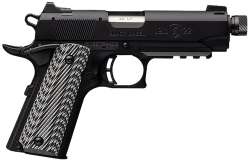 Browning 051821490 1911-22 Black Label Compact SR 22 LR 10+1 4.25" 3.50" Threaded Barrel, Matte Black Serrated Steel Slide & Polymer Frame w/Picatinny Rail & Beavertail, Black/Gray Textured G10 Grips