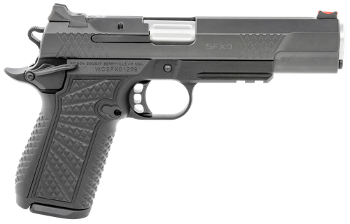 Wilson Combat SFX9FSR5A SFX9  9mm Luger 15+1 5" Stainless Match Grade Barrel, Black DLC Serrated Stainless Steel Slide, Black Aluminum Frame w/Beavertail & Picatinny Rail, Black Polymer Grip