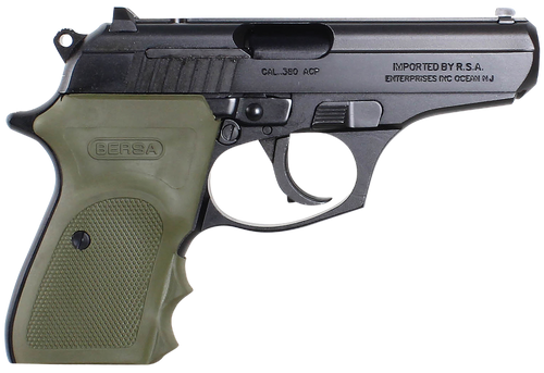 Bersa T380MC Thunder Combat Micro-Compact Frame 380 ACP 8+1, 3.50" Black Steel Barrel, Matte Black Serrated Steel Slide & Aluminum Frame w/Beavertail, Olive Wrap-Around Grip
