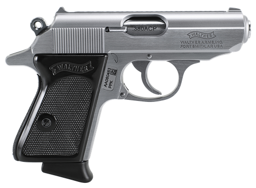 Walther Arms 4796001 PPK  380 ACP 6+1 3.30" Stainless Steel Barrel, Matte Stainless Serrated Zinc Alloy Slide, Stainless Aluminum Frame w/Beavertail, Black Polymer Grip, Manual Thumb Safety
