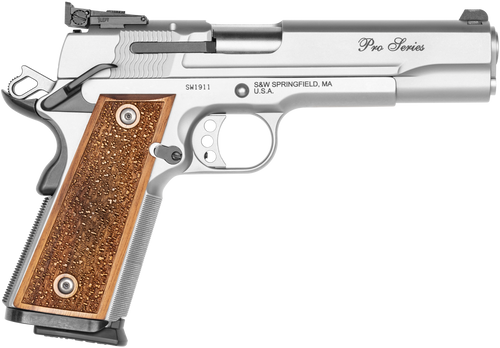 Smith & Wesson 178047 1911 Performance Center Pro  Full Size Frame 9mm Luger 10+1 5" Stainless Steel Barrel, Matte Silver Serrated Stainless Steel Slide & Frame w/Beavertail, Wood Grip