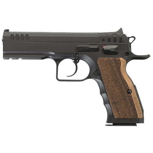 Tanfoglio IFG TFSTOCKI9SF Defiant Stock I 9mm Luger Caliber with 4.50" Barrel, 16+1 Capacity, Overall Black Finish Steel, Picatinny Rail/Beavertail Short Frame, Serrated Slide & Wood Grip